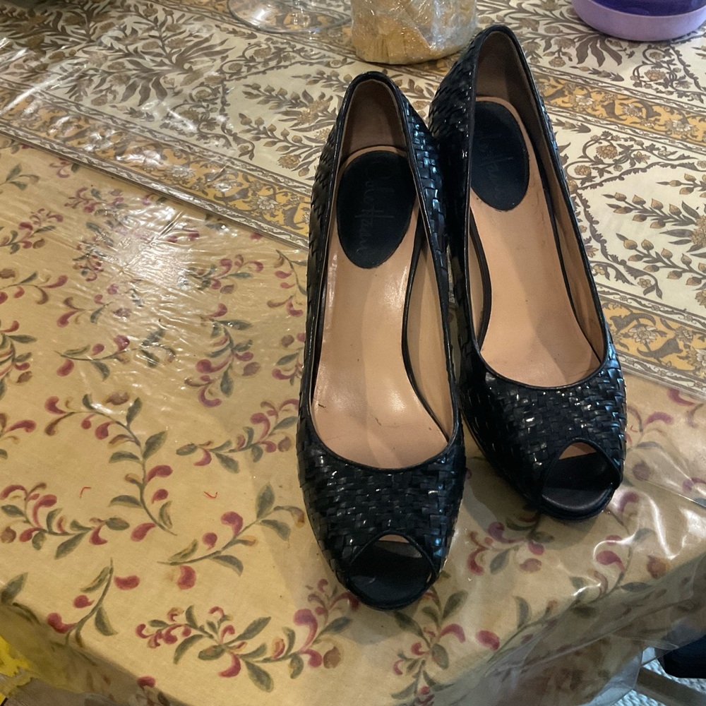 Cole Haan Black Woven Peep-Toe Heels